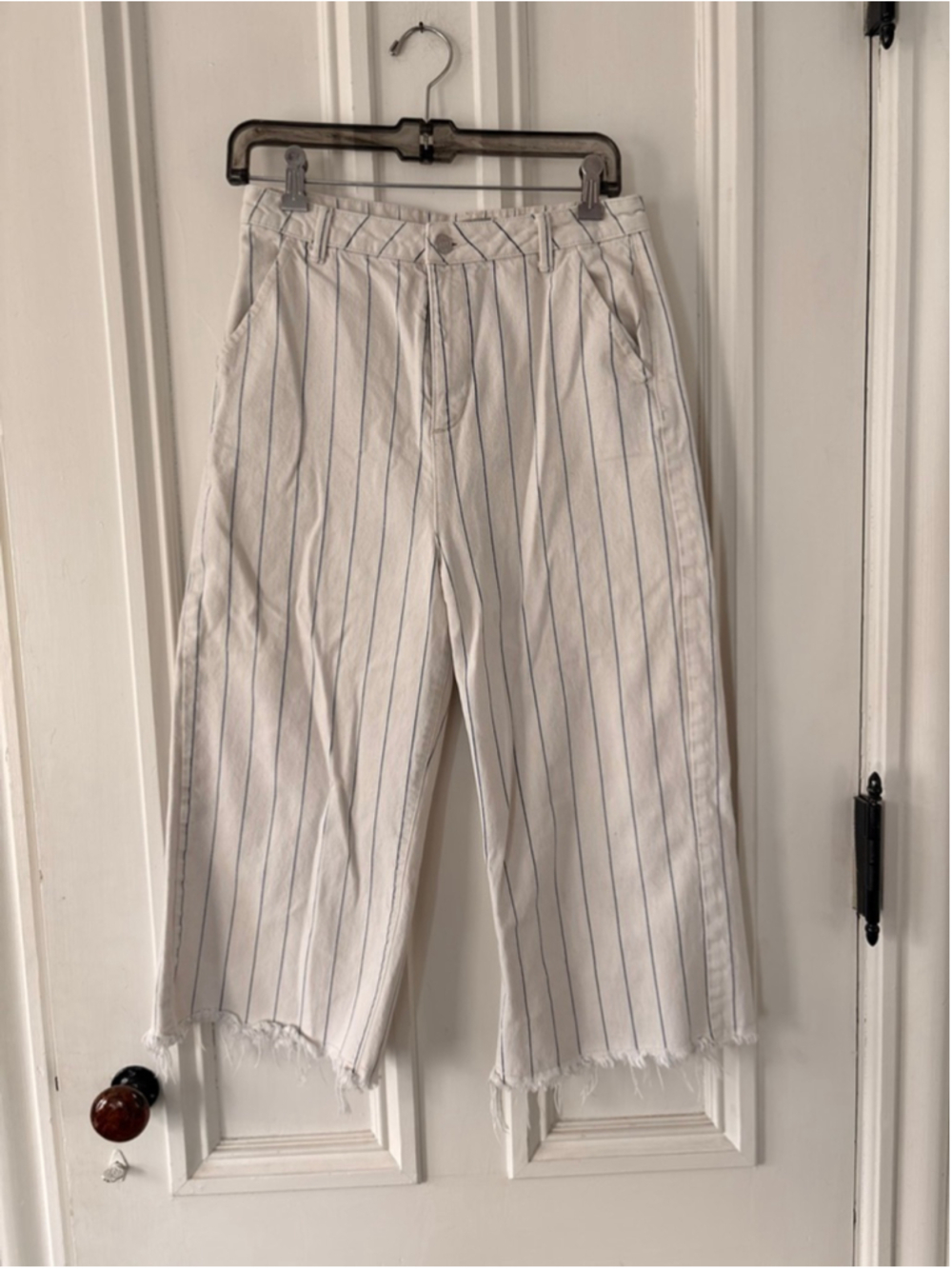 Topshop Moto off White Navy Stripe Wide Leg crop raw hem Pants Size 28
